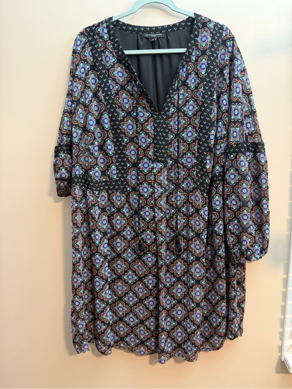 Signature Studio Black Boho Medallion V-Neck Dress with Blue & Purple Accents